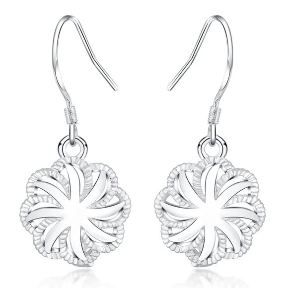 Gorgeous 3D Flower .925 Sterling Silver Hanging Earrings " Hypoallergenic " - Picture 3 of 4